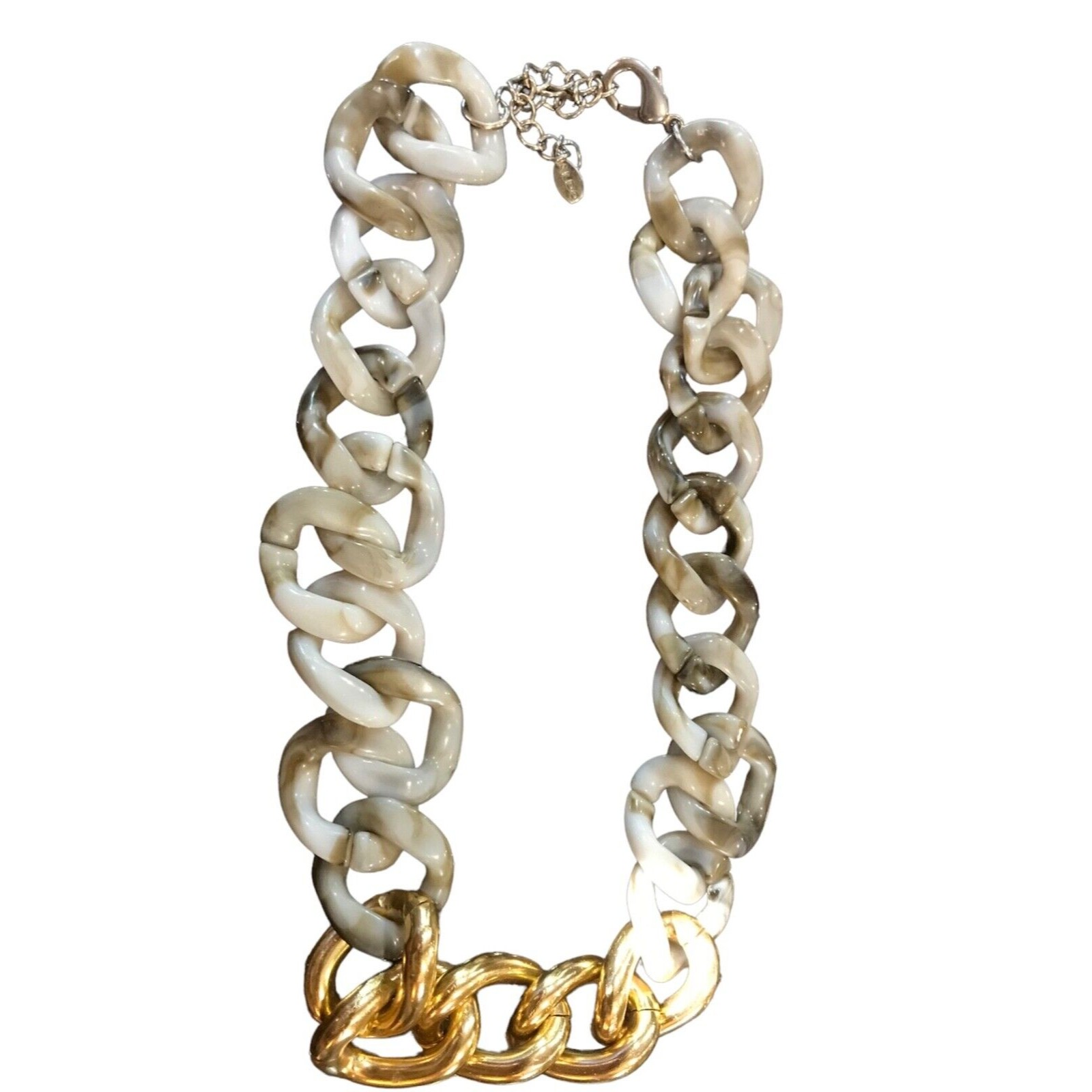 Aldo Marbled Beige Lucite Link Necklace With Thick Gold Tone Chain